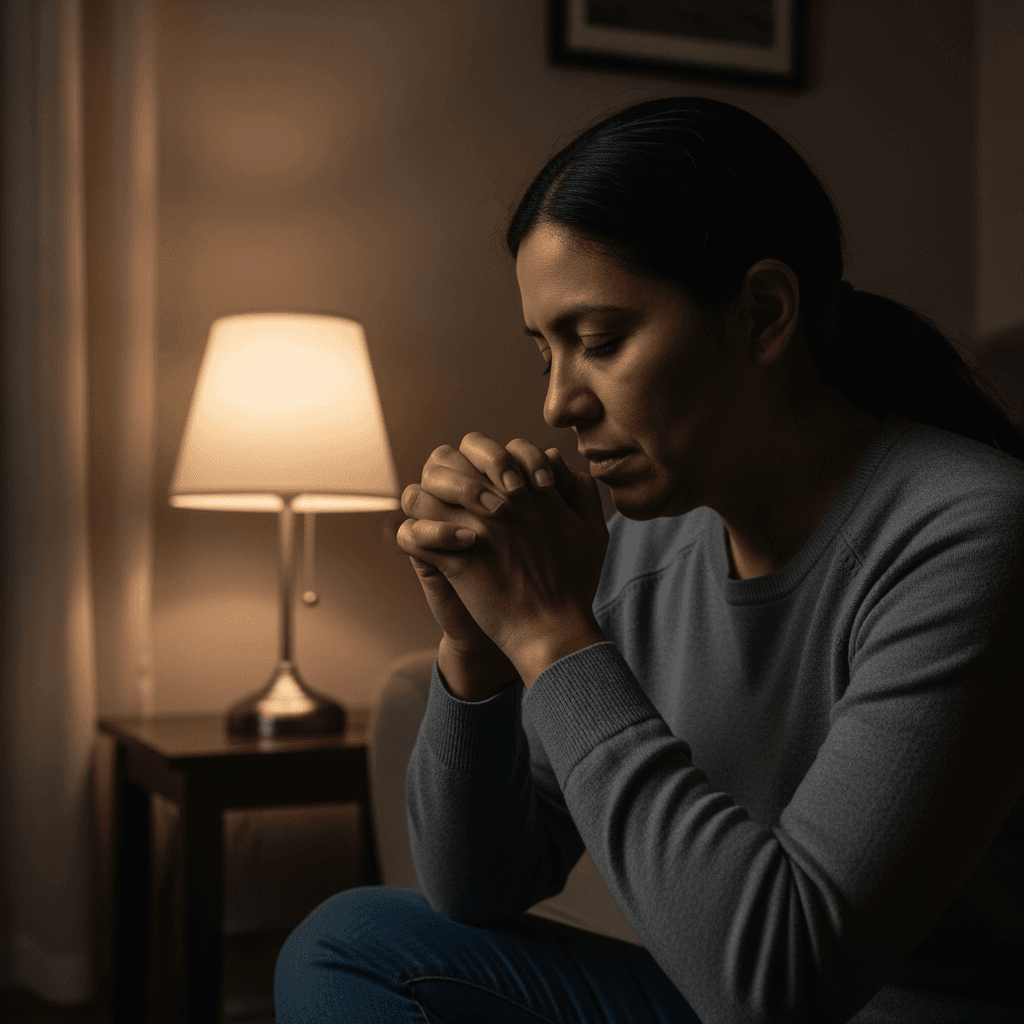 Mujer sentada en penumbra con manos juntas, agotamiento emocional