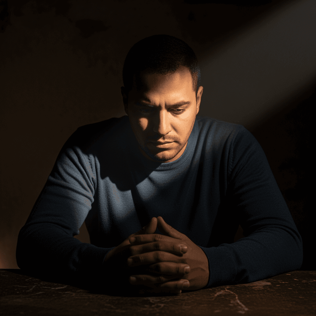Hombre con manos entrelazadas reflejando resentimiento contenido